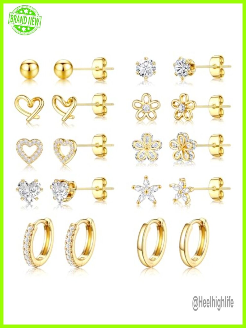14K Gold Plated CZ Stud Earrings Set Hypoallergenic Huggie Hoops